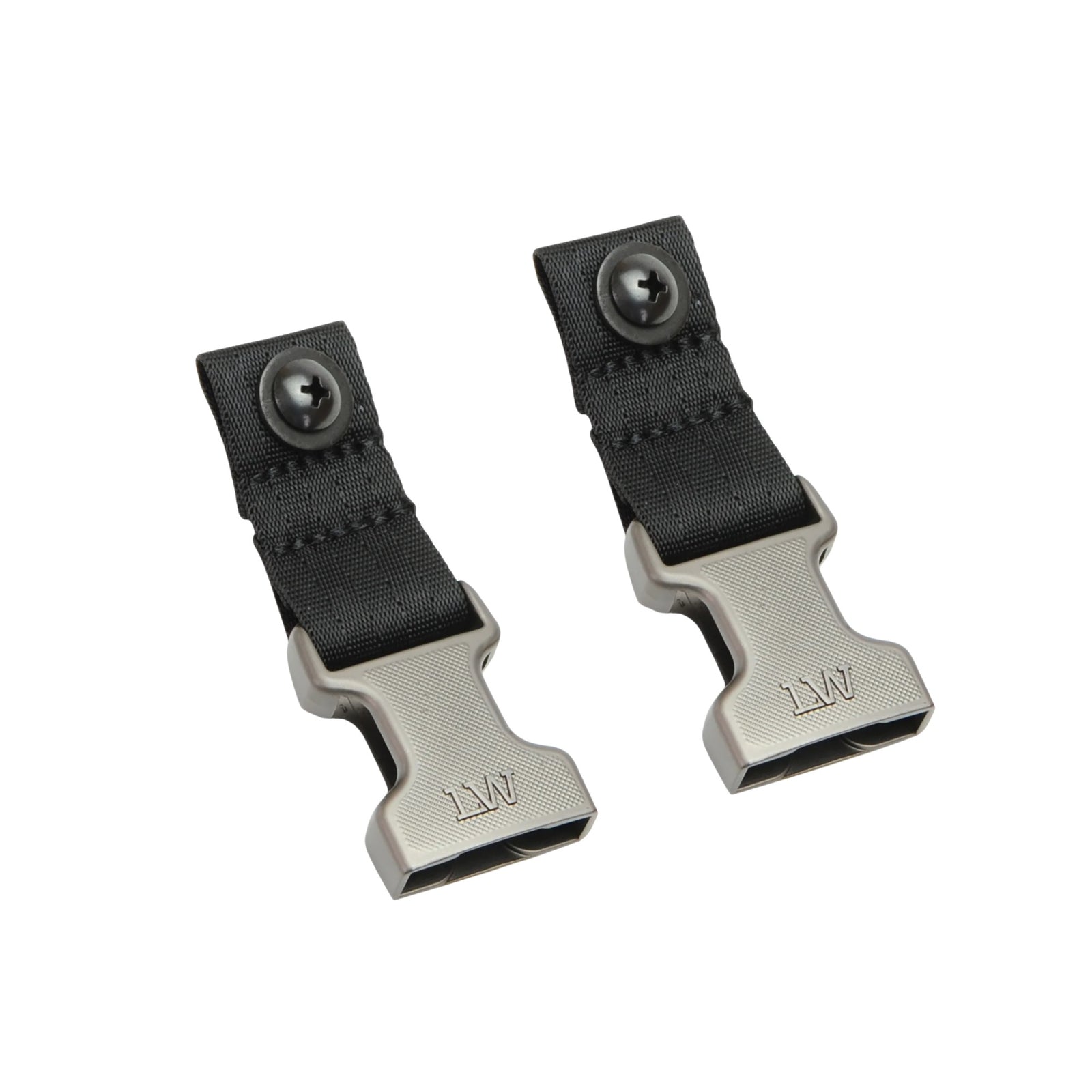 Two black webbed strap clips with silver metal buckles, each featuring a black snap button and an embossed 'LW' logo, shown on a plain white background.