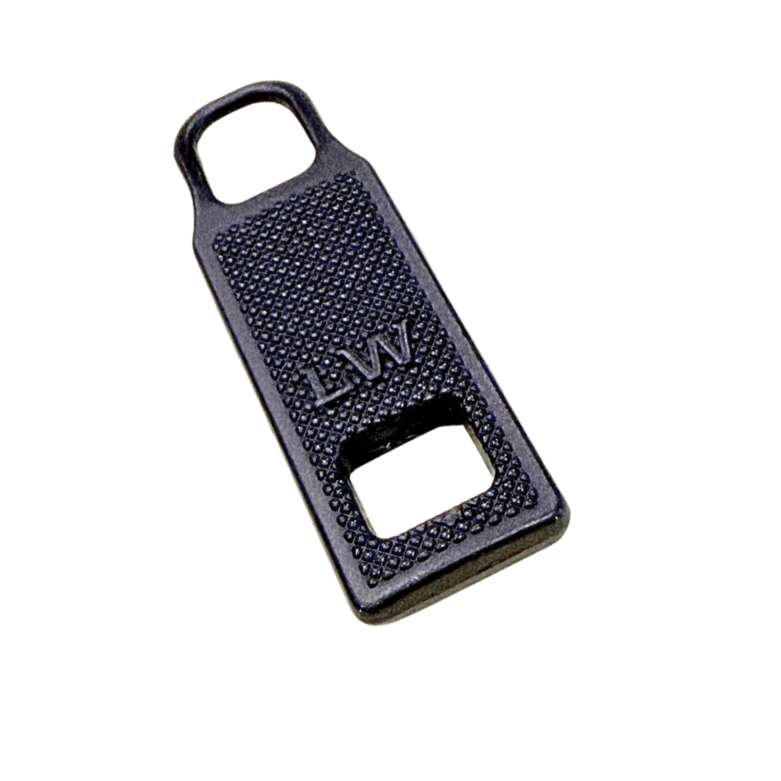 A black textured metal keychain tool with a bottle opener cutout and a hanging loop, featuring the initials 'LW' embossed on the front, shown on a plain white background.