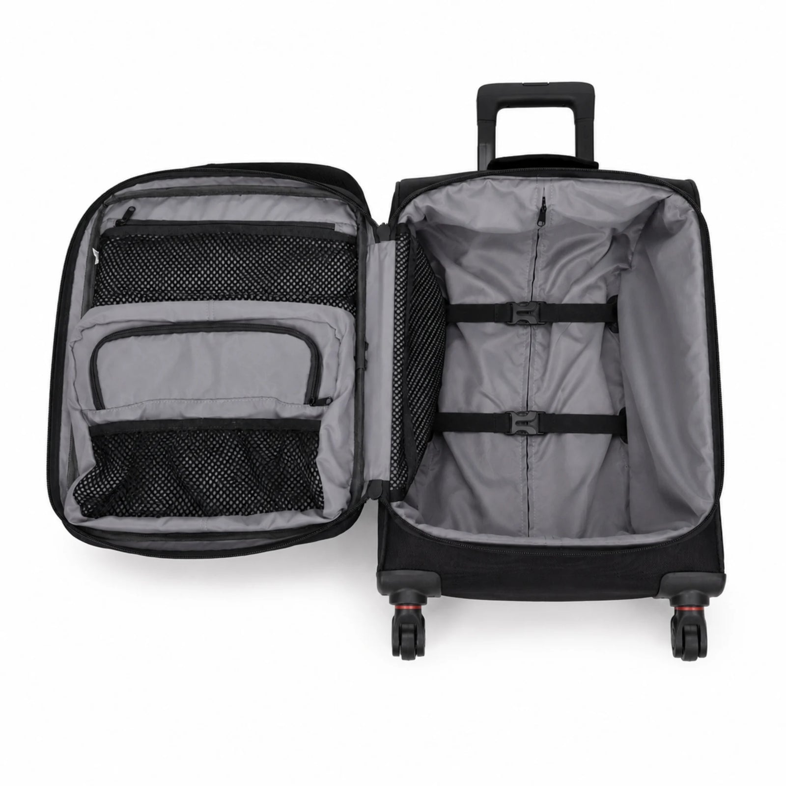 An open black and gray rolling suitcase shown from above, with the left compartment open to reveal mesh and zippered organizer pockets, and the right side showing the spacious interior with compression straps and wheels.