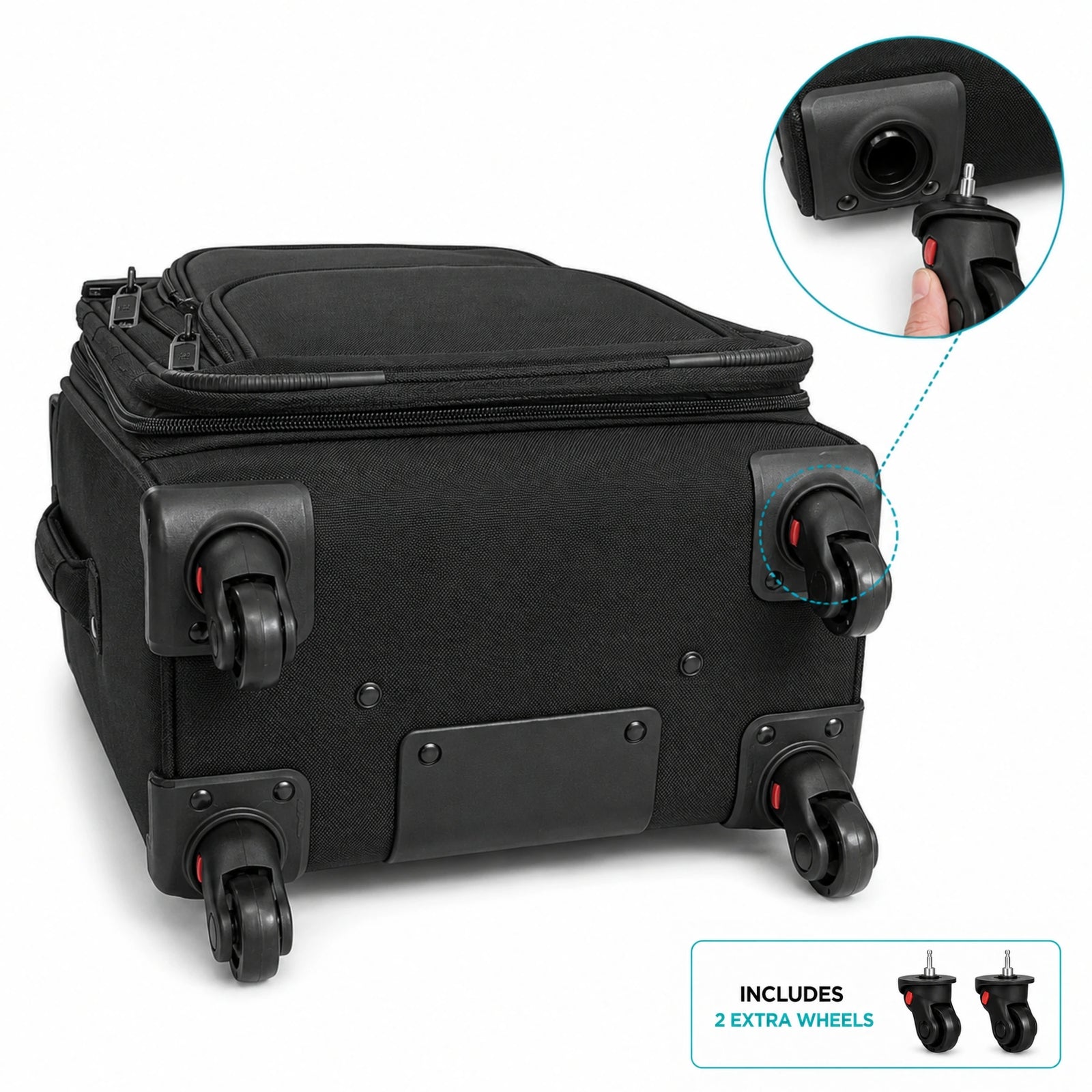 Black soft-sided rolling suitcase with four wheels, shown on a white background with a circular inset demonstrating a wheel attachment and a small note indicating two extra wheels are included.