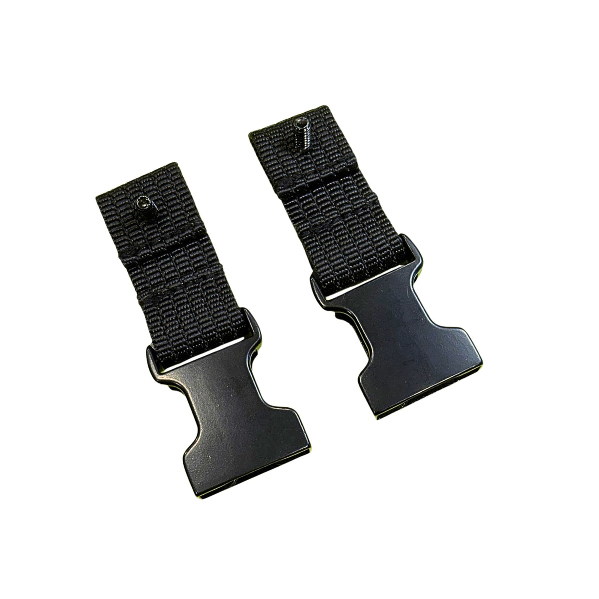 Two black nylon watch strap adjusters with black metal buckle ends, shown on a plain white background.
