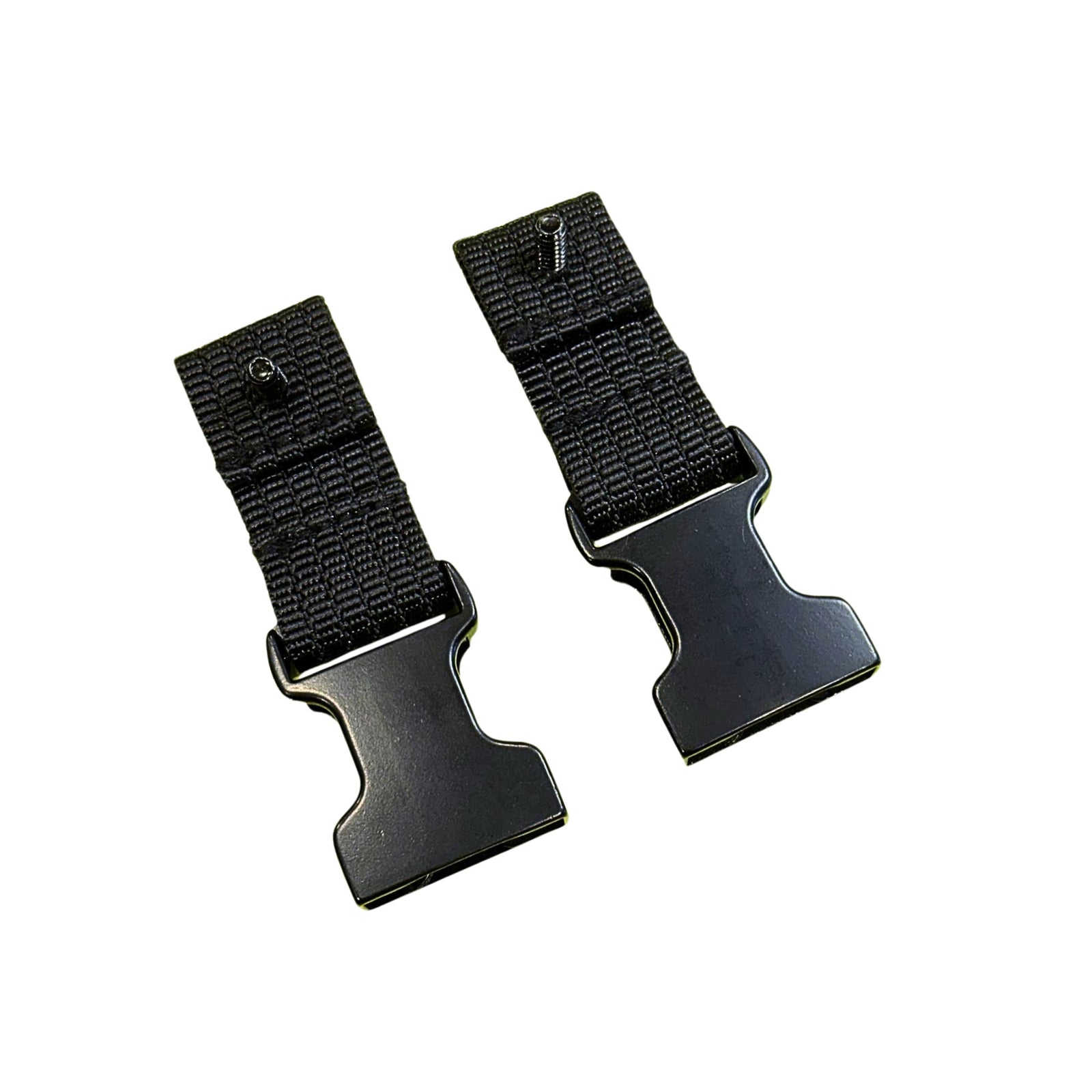 Two black nylon web belt clips with textured metal buckles, shown on a plain white background.