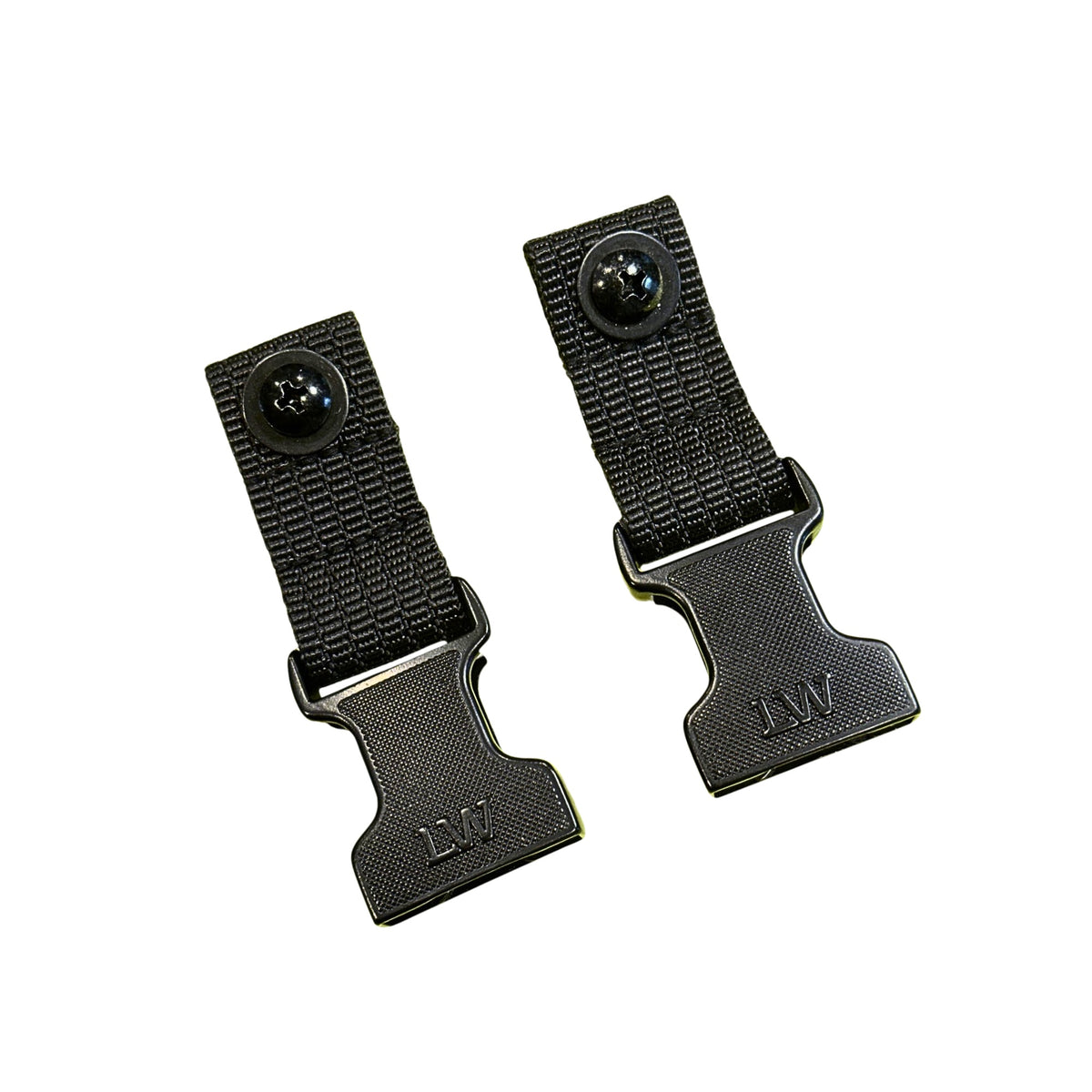Two black nylon web belt clips with textured metal buckles, shown on a plain white background.