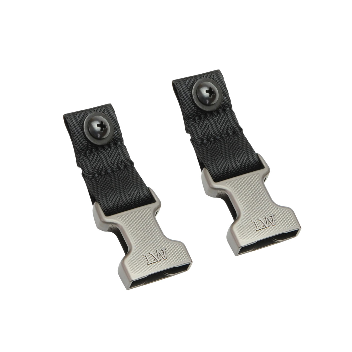 Two black webbed strap clips with silver metal buckles, each featuring a black snap button and an embossed 'LW' logo, shown on a plain white background.