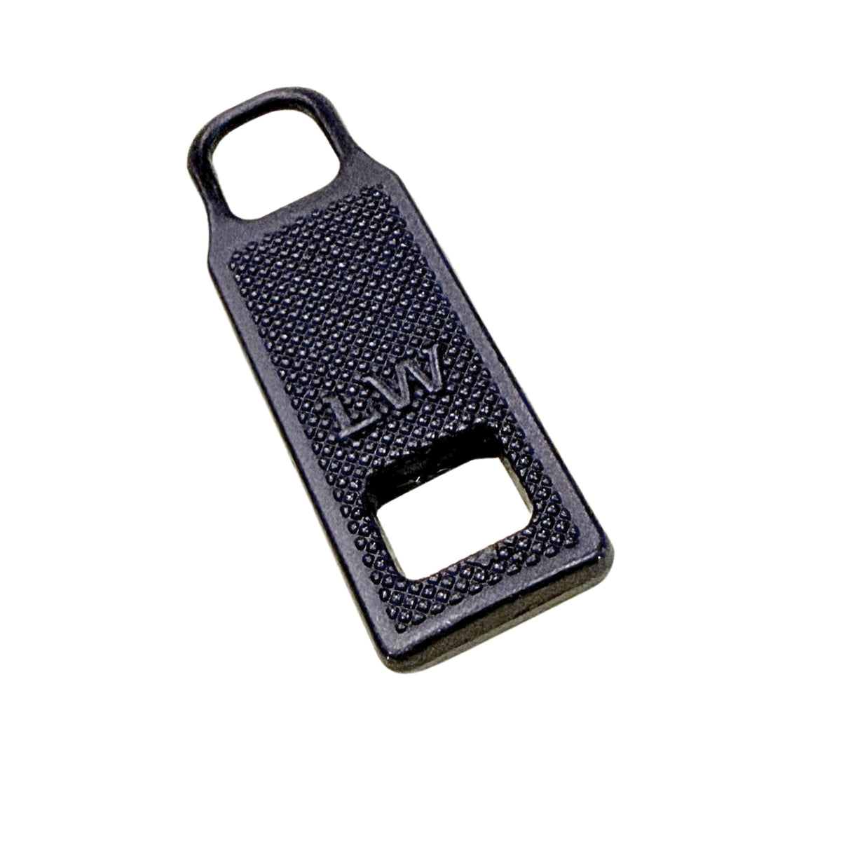 A black textured metal keychain tool with a bottle opener cutout and a hanging loop, featuring the initials 'LW' embossed on the front, shown on a plain white background.