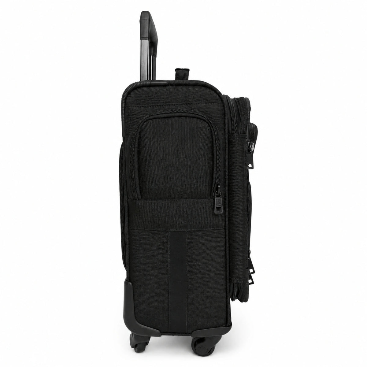 A black rolling suitcase with an extended telescoping handle, shown from a three-quarter rear angle against a plain white background.