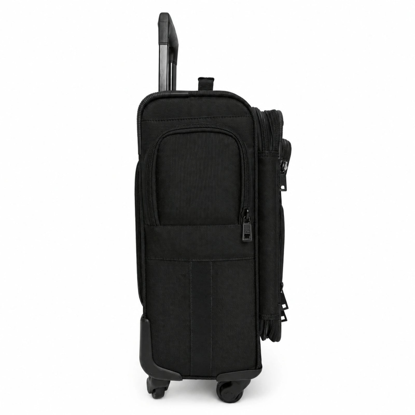 A black rolling suitcase with an extended telescoping handle, shown from a three-quarter rear angle against a plain white background.