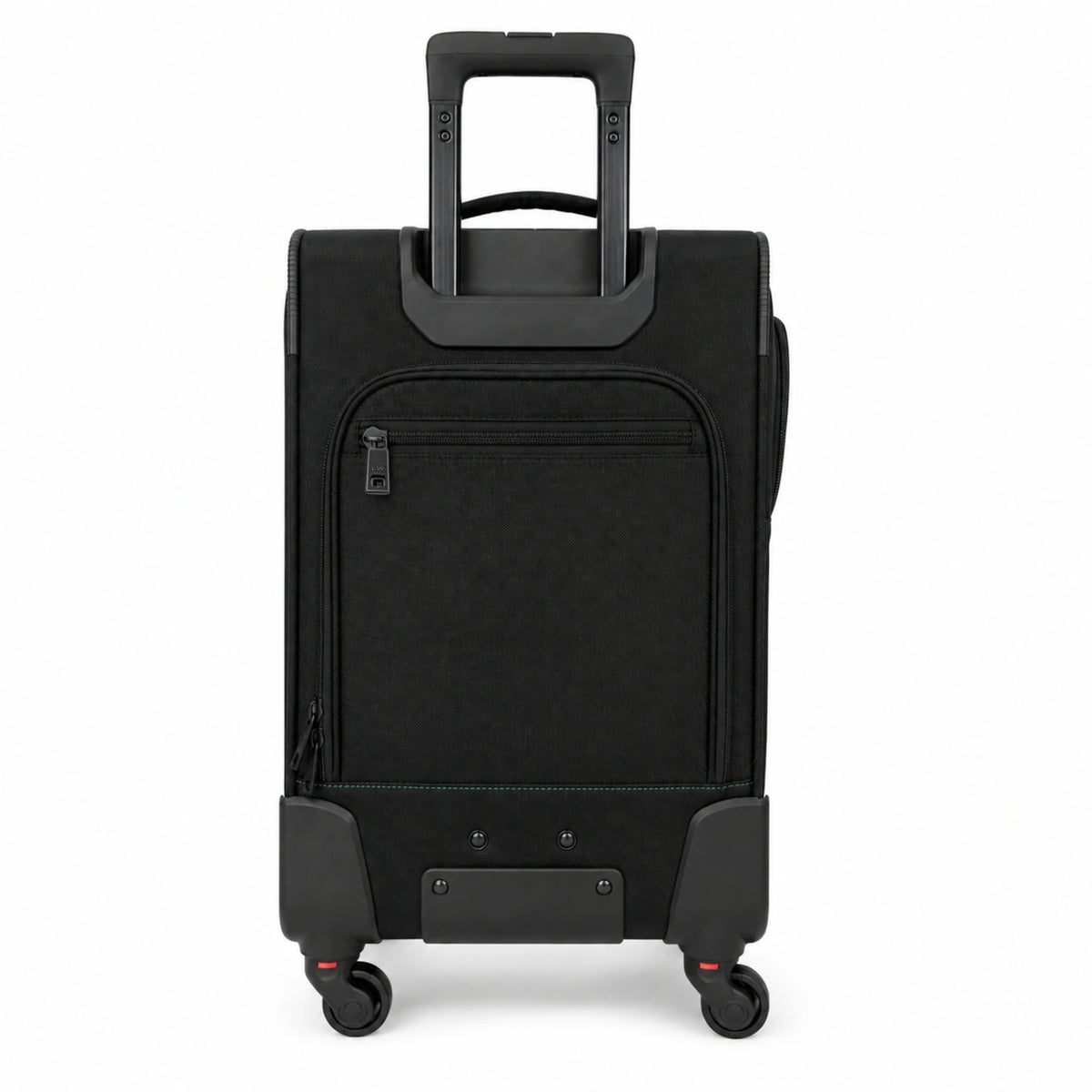 A black rolling suitcase with an extended telescoping handle and four spinner wheels, shown from the back against a plain white background.