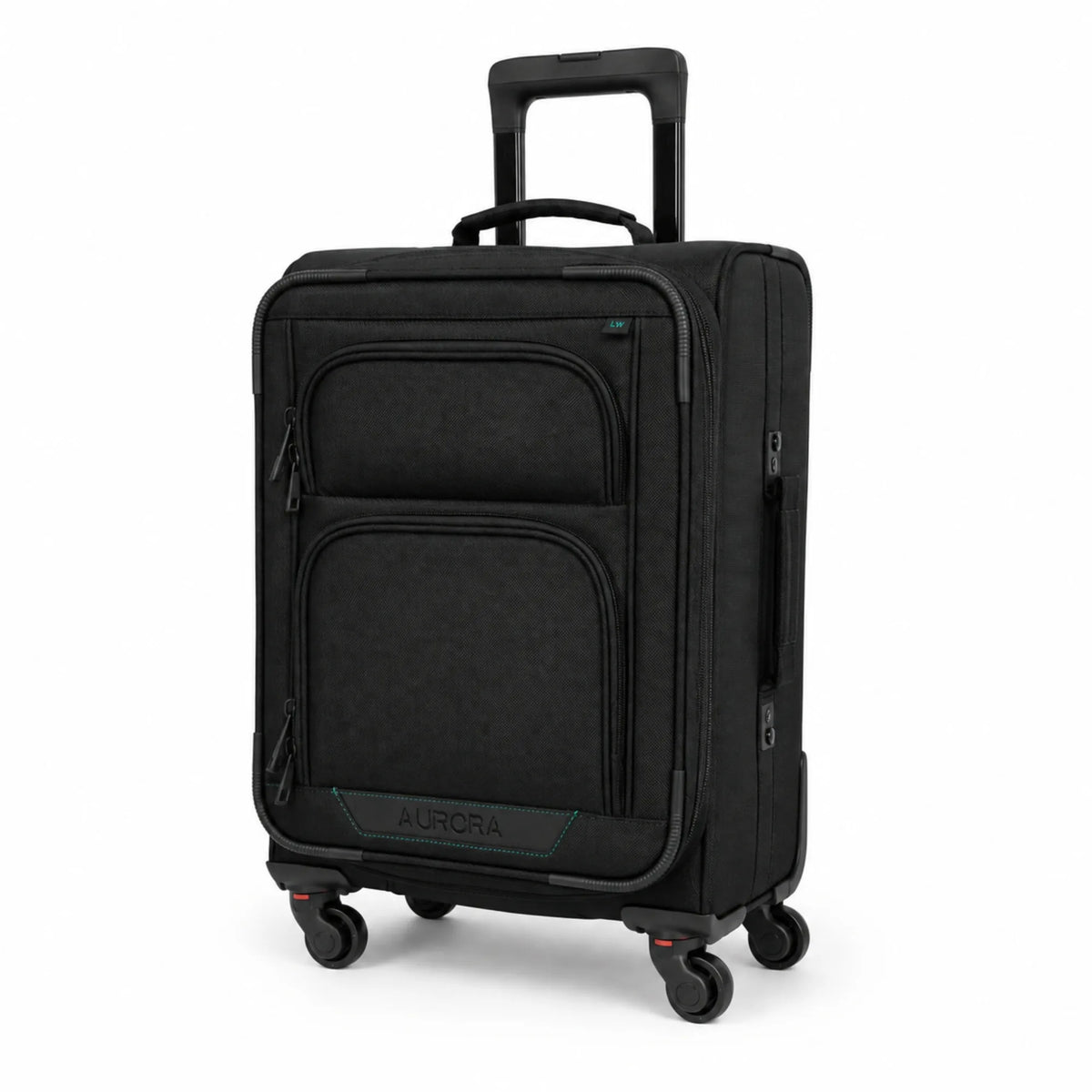 A black rolling suitcase with multiple wheels, an extended telescoping handle, and front zippered pockets. The brand name AURORA is visible on the lower front panel, set against a clean white background.