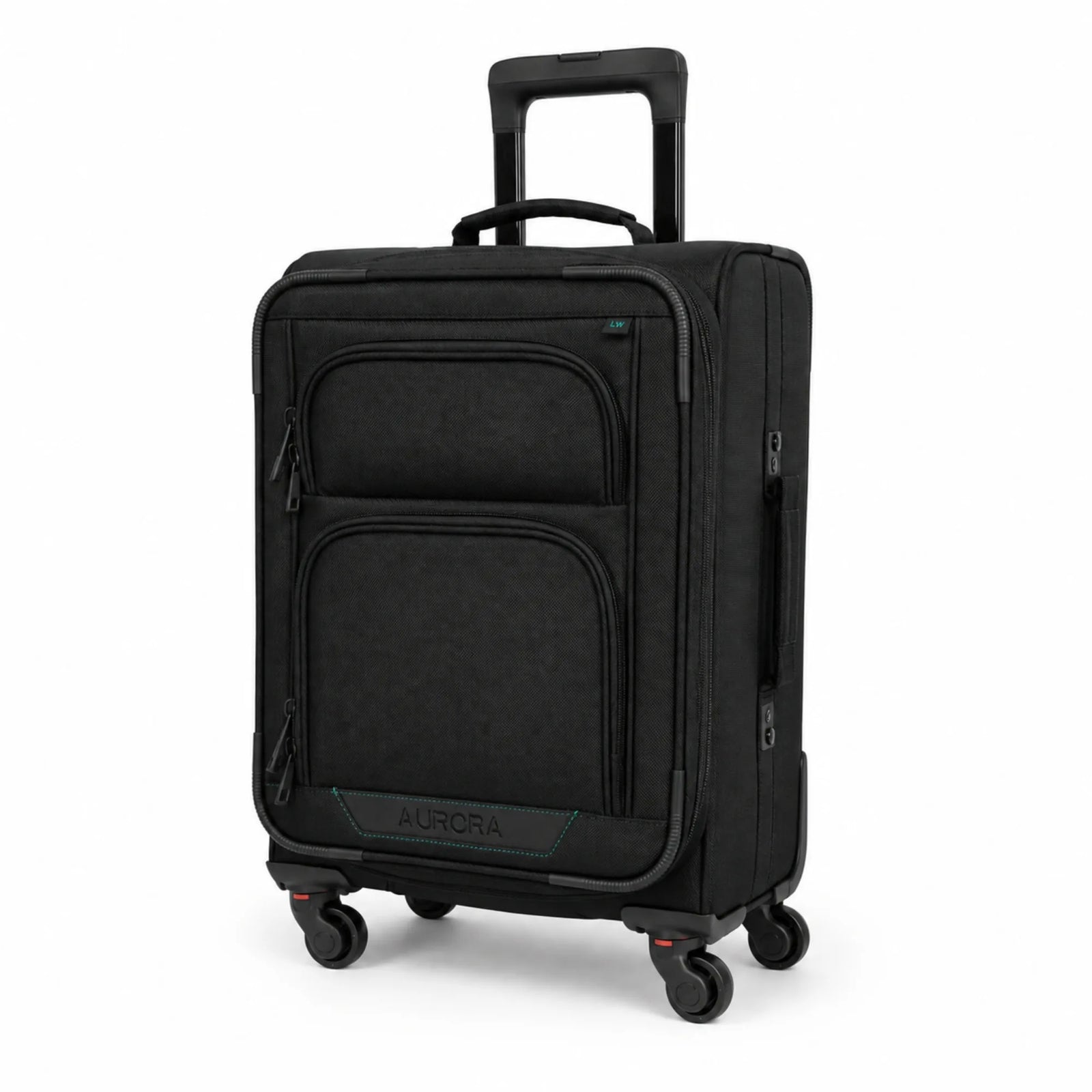 A black rolling suitcase with multiple wheels, an extended telescoping handle, and front zippered pockets. The brand name AURORA is visible on the lower front panel, set against a clean white background.