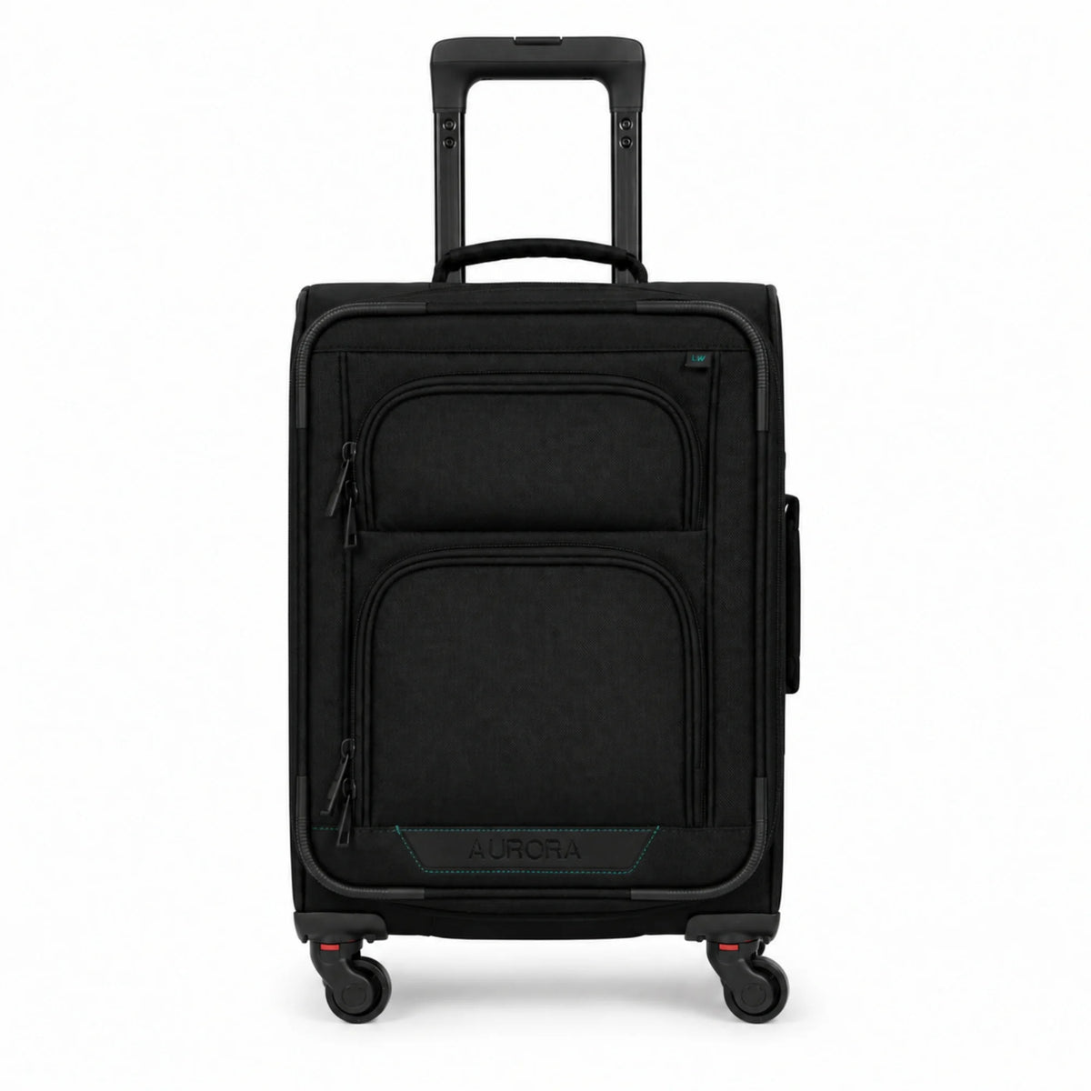 A black hard-shell spinner suitcase with an extended telescoping handle, featuring two front zippered pockets and the brand name AURORA on the lower front, set against a plain white background.