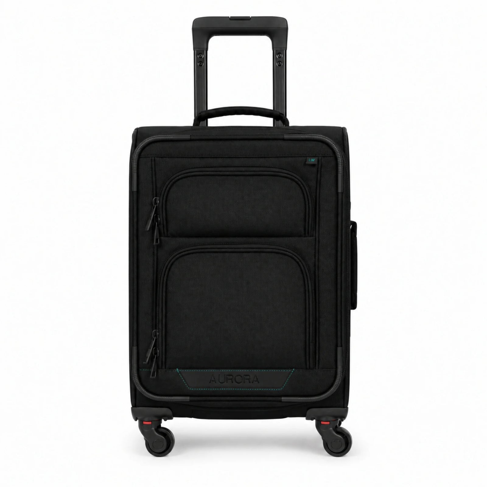 A black hard-shell spinner suitcase with an extended telescoping handle, featuring two front zippered pockets and the brand name AURORA on the lower front, set against a plain white background.