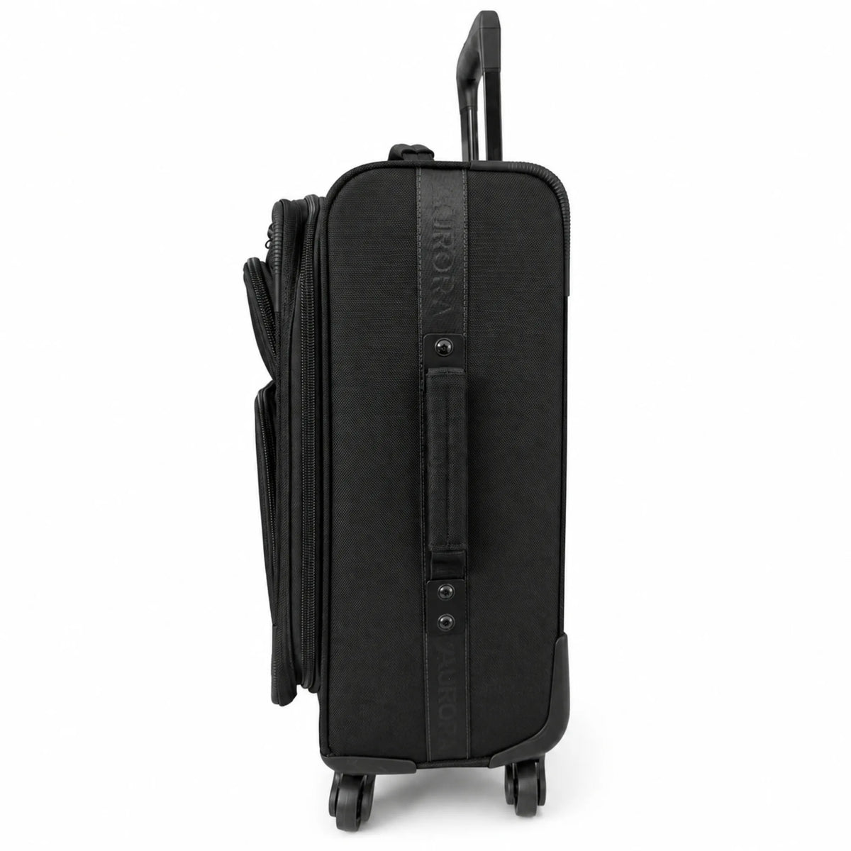 A black rolling suitcase shown from the side against a plain white background, with the telescoping handle extended and a vertical carry handle on the front.