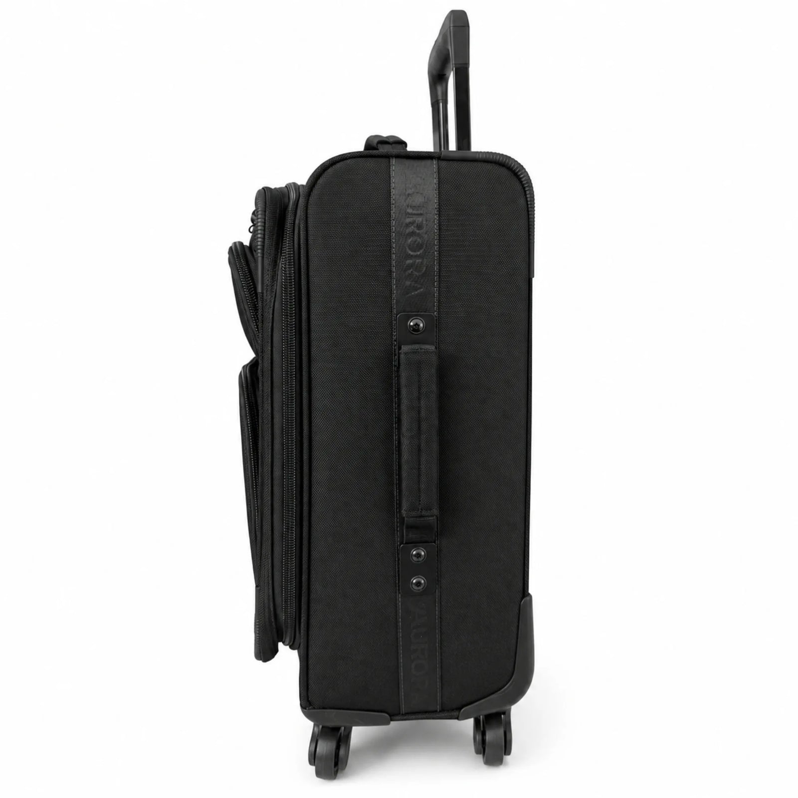 A black rolling suitcase shown from the side against a plain white background, with the telescoping handle extended and a vertical carry handle on the front.