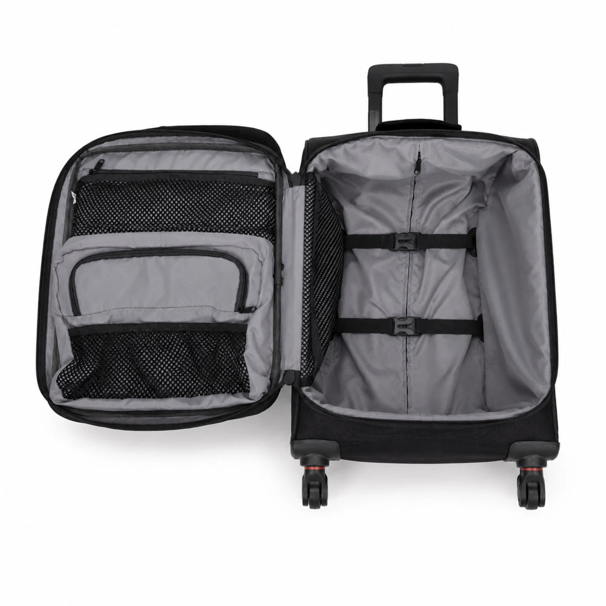 An open black and gray rolling suitcase shown from above, with the left compartment open to reveal mesh and zippered organizer pockets, and the right side showing the spacious interior with compression straps and wheels.