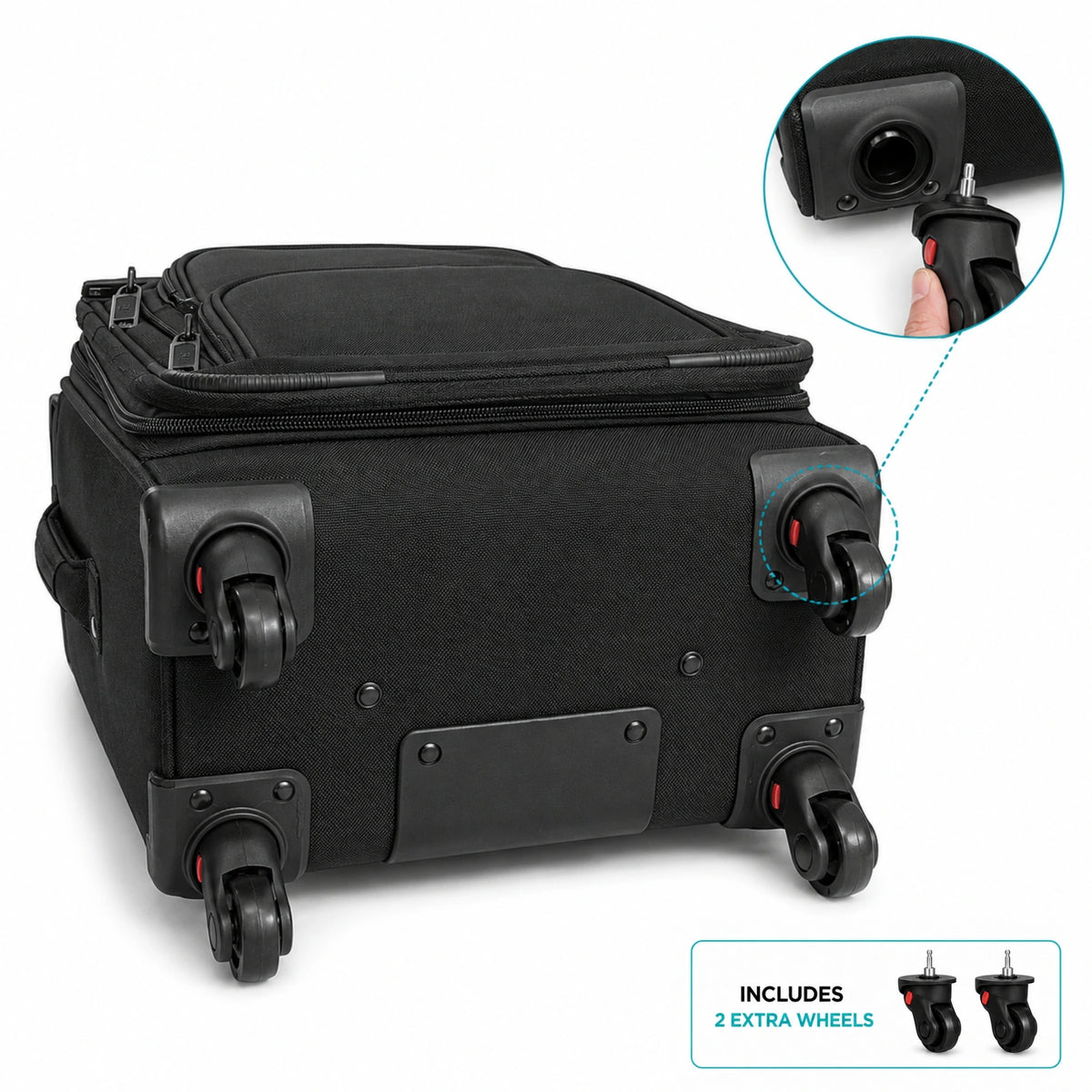 Black soft-sided rolling suitcase with four wheels, shown on a white background with a circular inset demonstrating a wheel attachment and a small note indicating two extra wheels are included.