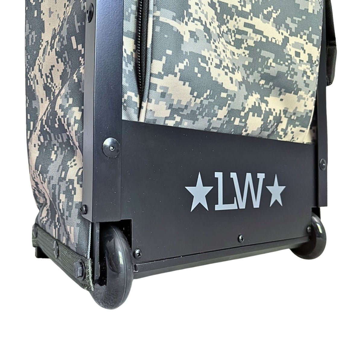 Camouflage suitcase with 'LW' logo and text about inline skate rubber wheels on a white background