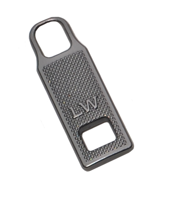 A black textured metal keychain tool with a bottle opener cutout and a hanging loop, featuring the initials 'LW' embossed on the front, shown on a plain white background.