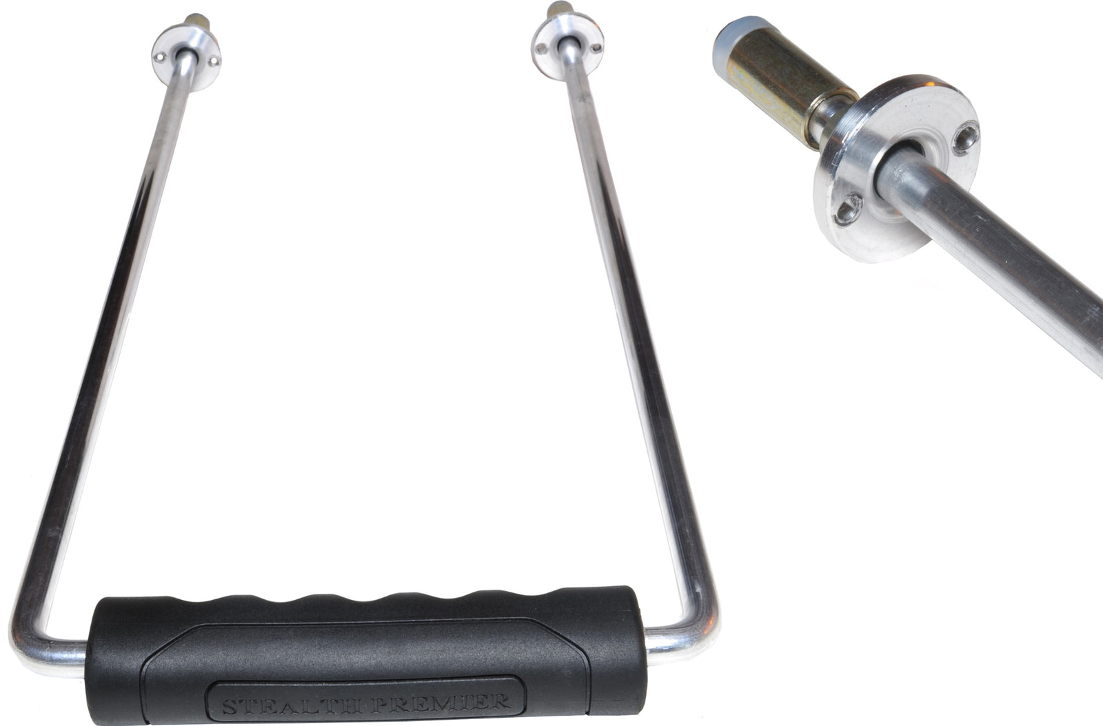 LuggageWorks handle assembly with black aircraft-yoke ergonomic grip and silver aluminum rods, including washers and screws.