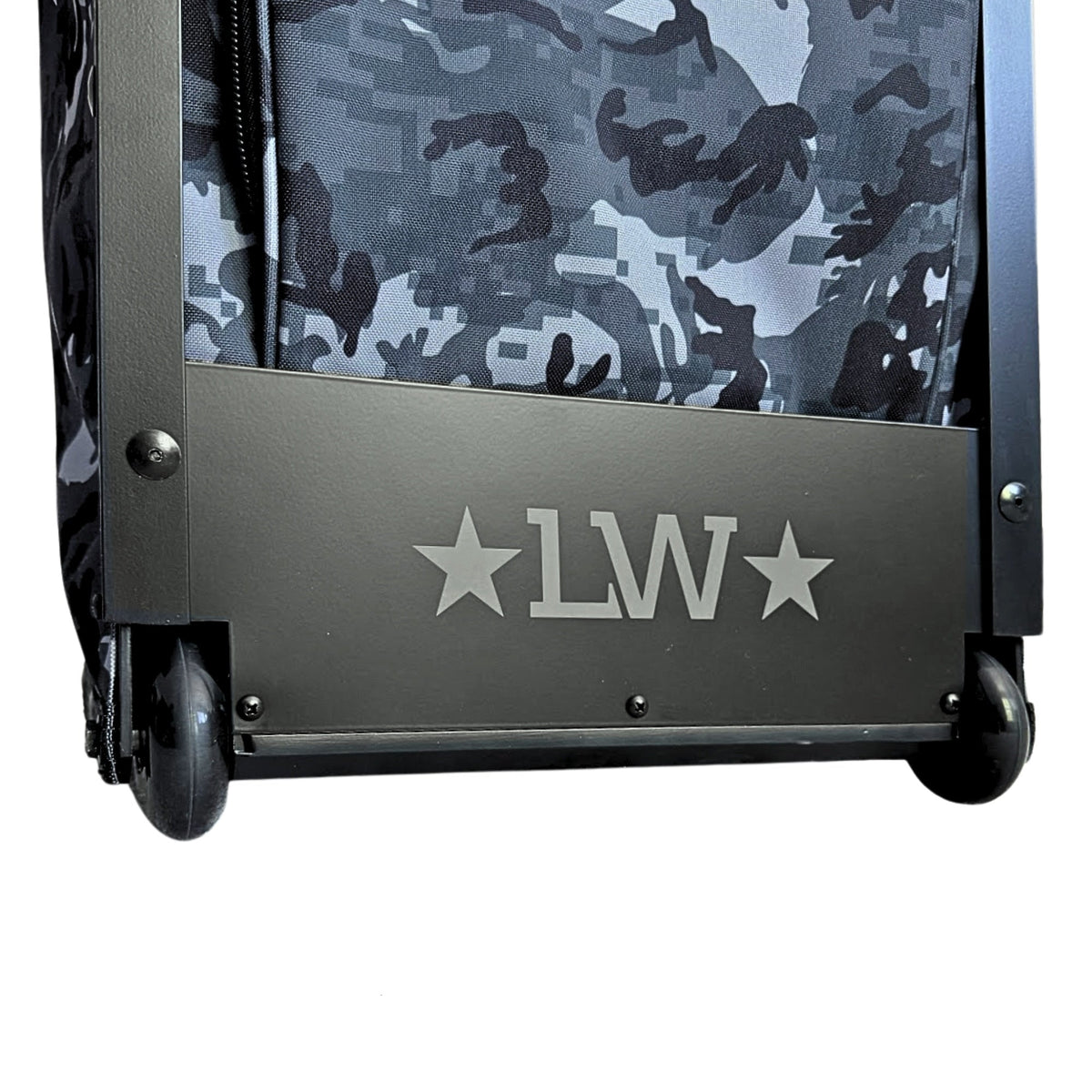 Camouflage-patterned suitcase with 'LW' branding on the wheel cover.