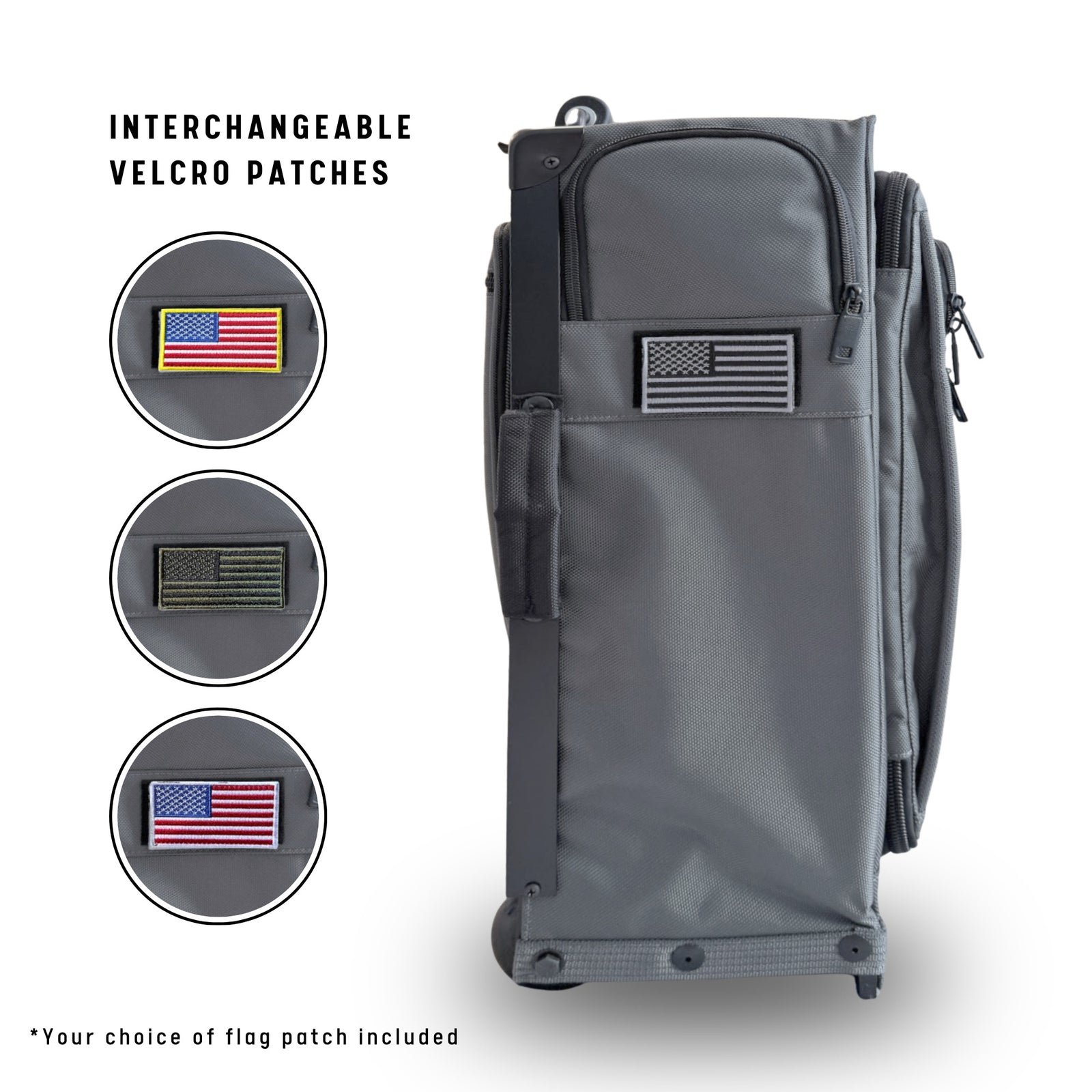 Gray rolling suitcase with American flag patch on a white background