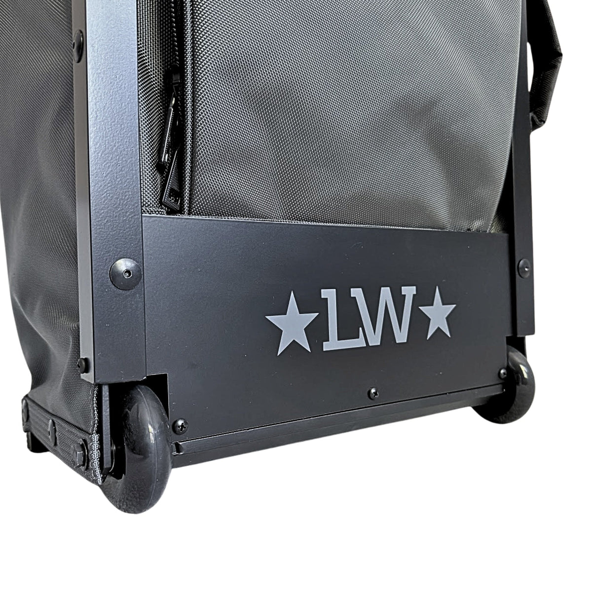 Gray rolling suitcase with 'LW' branding on a white background